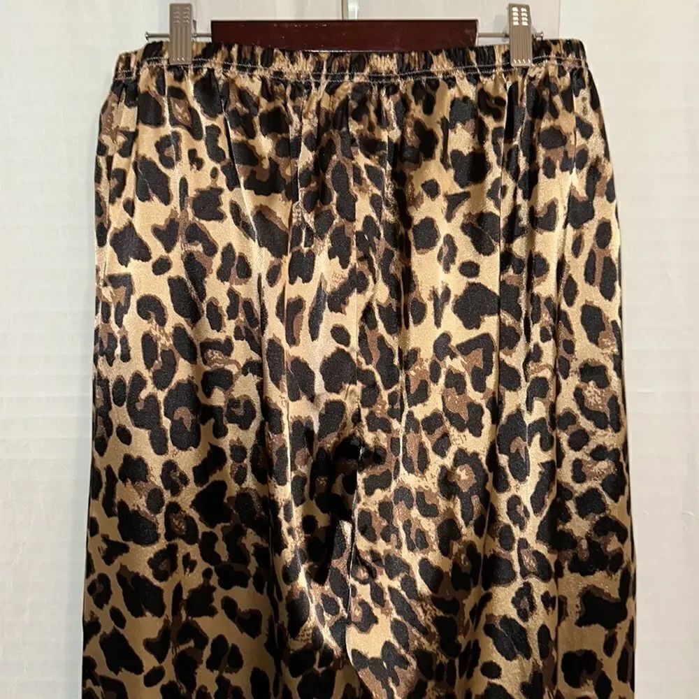 Satin 2X Animal Print Tan Black Brown Wide Leg Pajama Pants - Picture 4 of 8